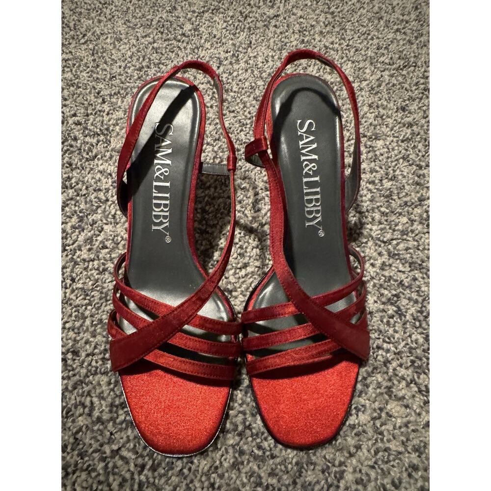 Sam & Libby Red Satin Strappy Heels | Y2K Slingback Sandals | Size 7.5